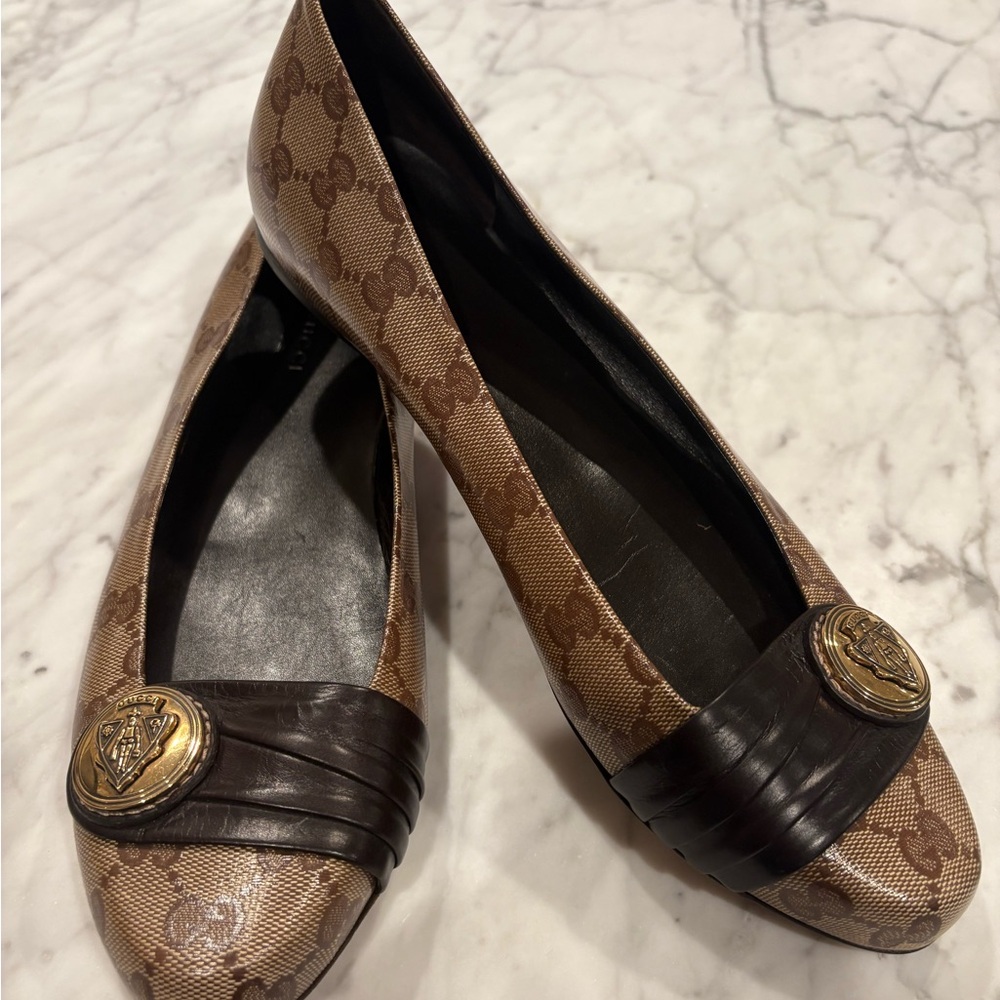 Gucci Brown Leather Flats with Medallion Design